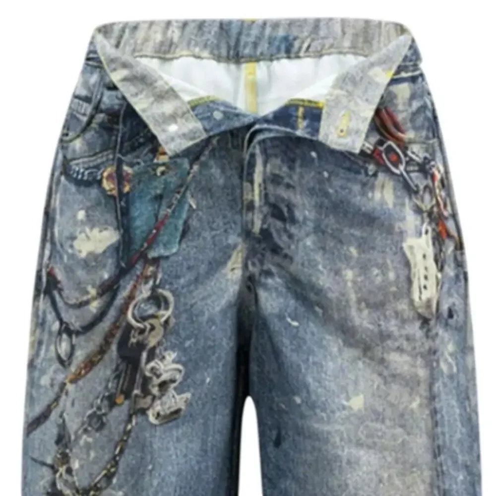 Micas Printed Distressed Denim Effect Wide Leg Trousers 0XL NWT Streetwear